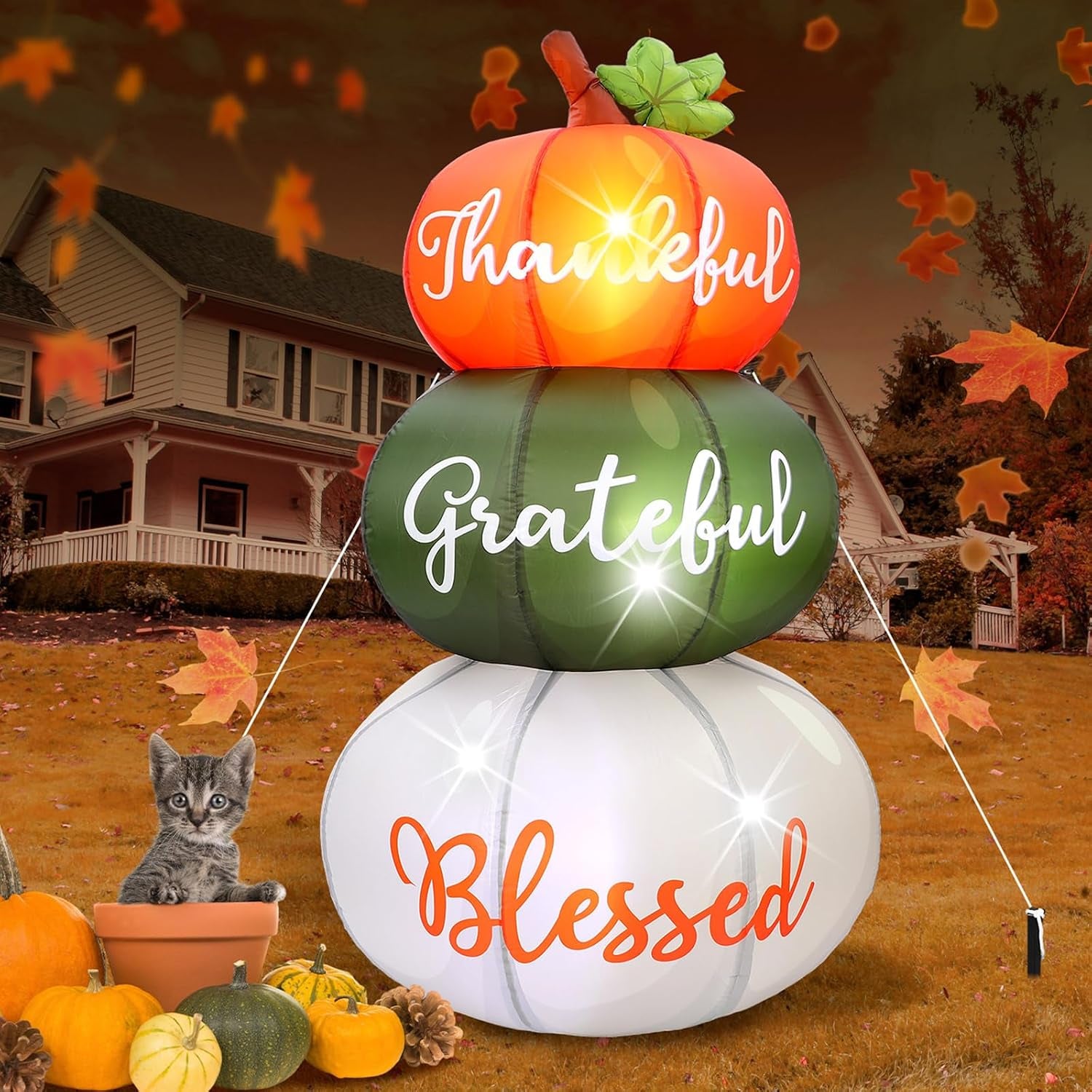 6.4Ft Thanksgiving Inflatable Stacked Pumpkins with LED, Yard Decor | Built-In LED, Thankful Grateful Blessed Design, Weather Resistant, Stakes Tethers Include, Lawn, Garden, Porch, Harvest Decor