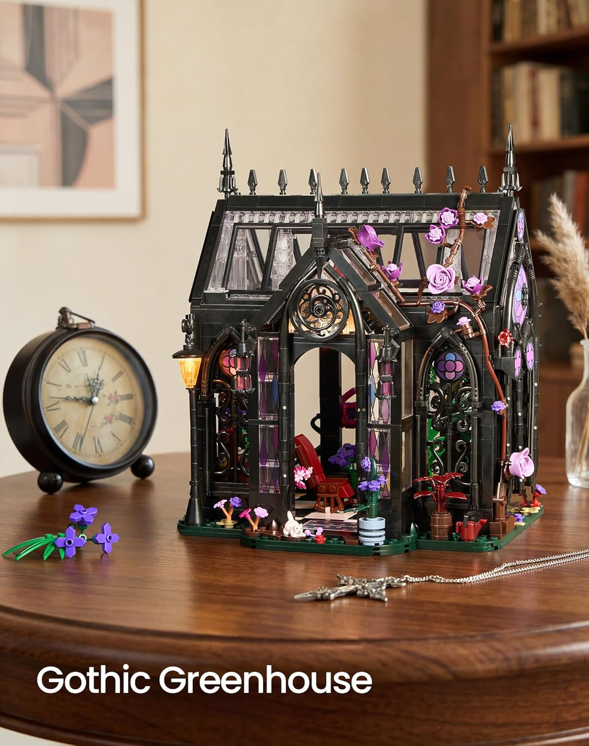 Gothic Greenhouse Building Set with LED Lights, Botanical Garden Brick Kit | 1378Pcs Stained Glass Architecture Building Kits, Rose Vines Flower House Display Decor, Halloween Gothic Gifts for Adults