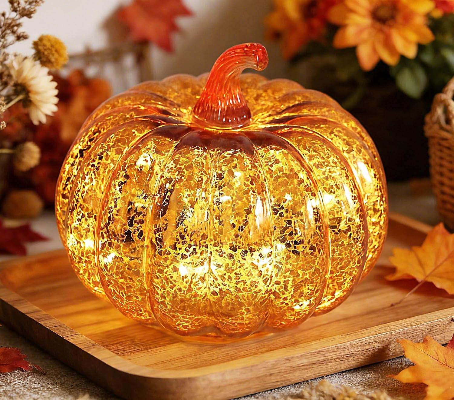 Mercury Glass Light up Pumpkin Light with Timer, with 10 Led Lights Inside,Battery Operated Led Pumpkin Light,Ideal for Halloween Fall Decoration, Thanksgiving Rustic Decor(Gold)