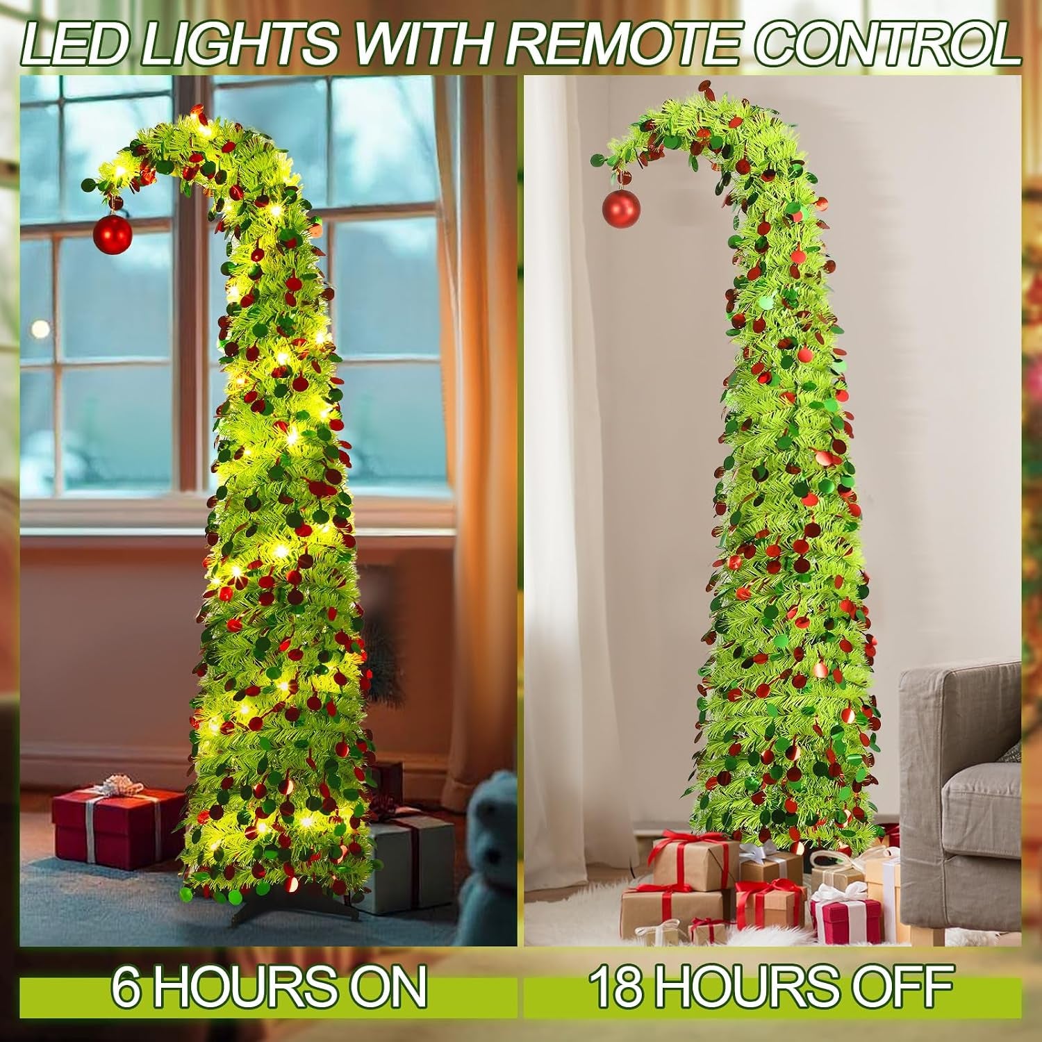 5 Ft Christmas Whimsical Pop up Curved Tree with 50 LED Light String Decorations Curved Plastic Tree Lime Green Purple Tinsel for Xmas Home, Apartment, Office(Green)