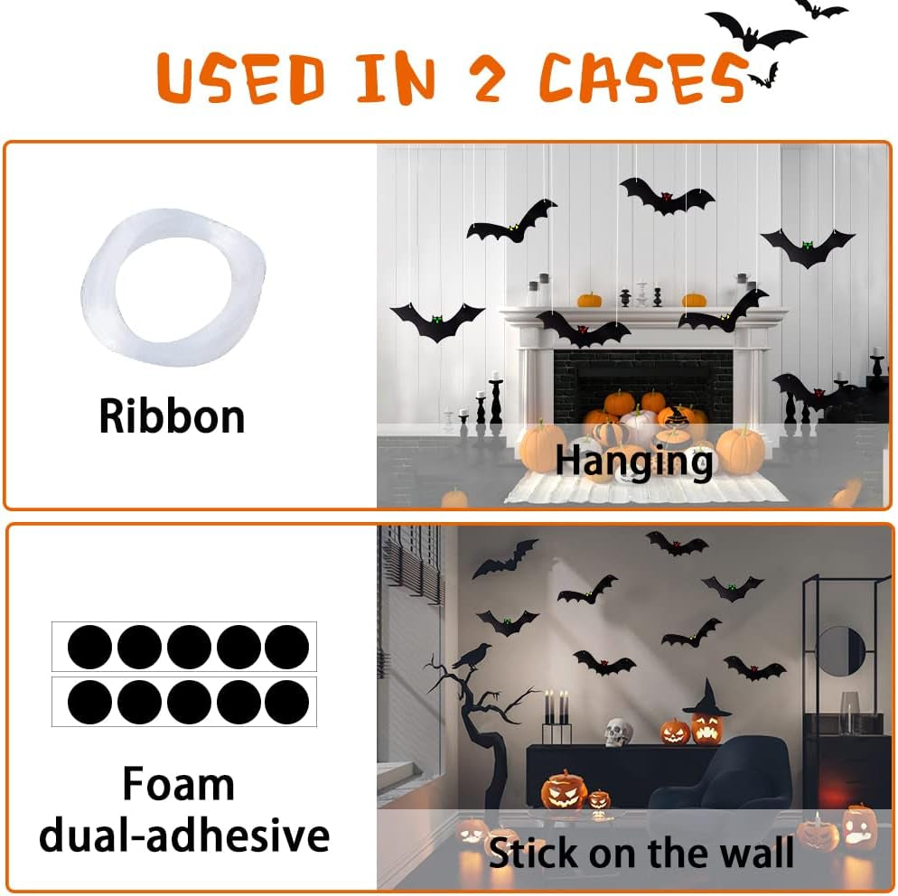 Halloween Hanging Bats for 12PCS 3D Halloween Yard Outdoor Decoration | 3 Styles Realistic Scary Large Fake Black Hanging Flying Bat Spooky for Halloween Indoor Sign Lawn Decorations