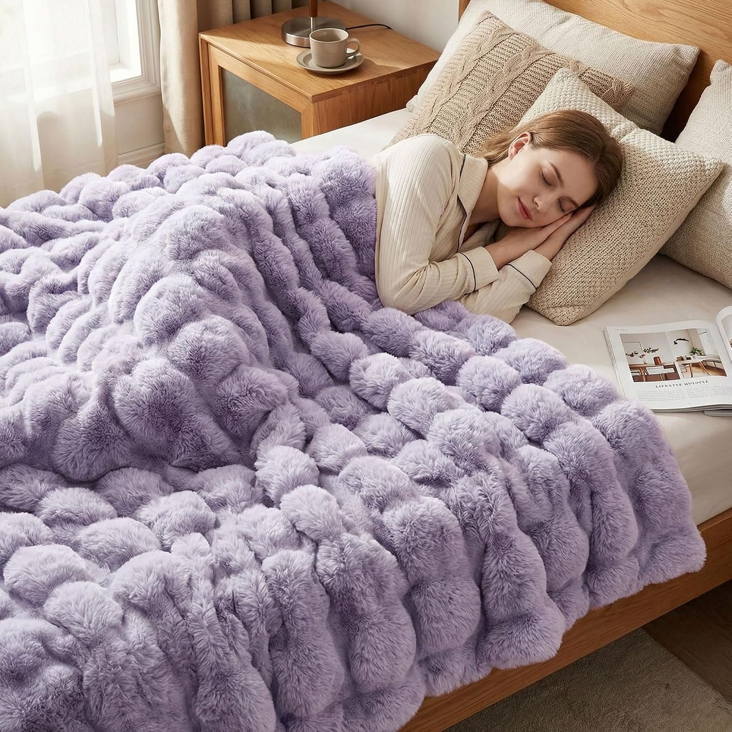 Solid Fall Bubble Faux Rabbit Fur Throw Blanket for Couch 50" X 60", Decorative Comfy Puffy Warm Fuzzy Blanket for Winter, Extra Thick Shaggy Cozy Comfy Fluffy Blankets for Adult Kids, Orange