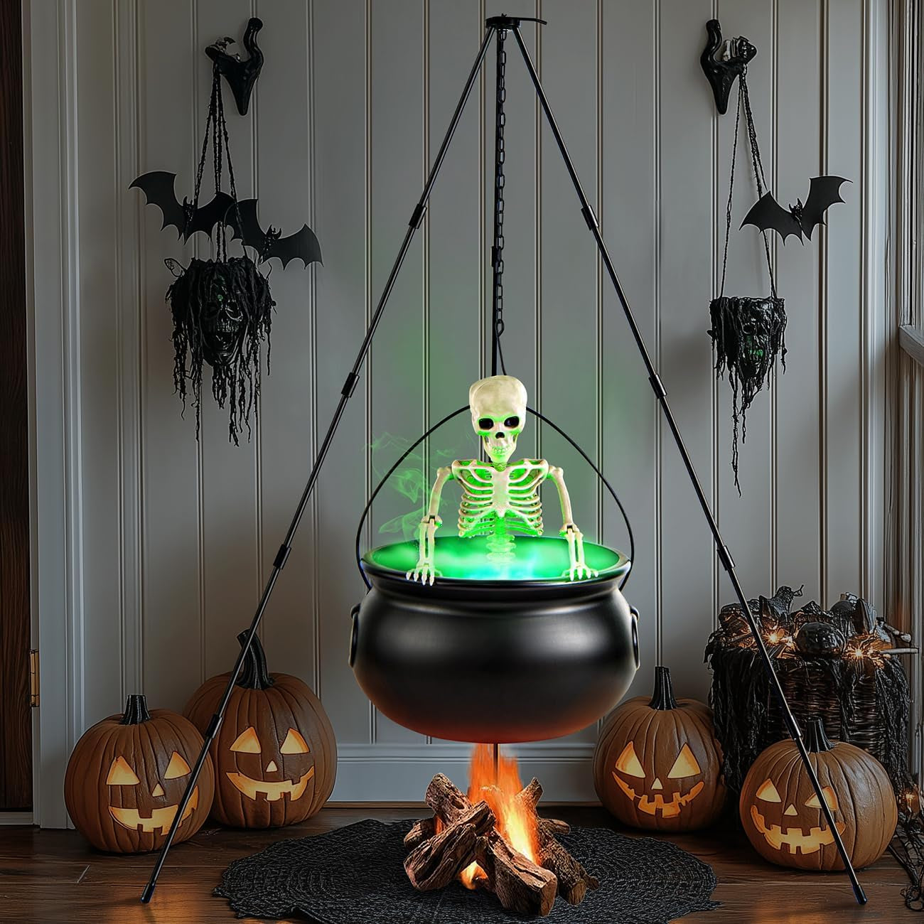 Halloween Decorations Outdoor Witch Cauldron Tripod with Fog Maker & Skull | 52-Inch Tall Display, Green Light Mist Effect, Large Cauldron & Skeleton, Stable Setup for Porch Yard Lawn Halloween Scenes